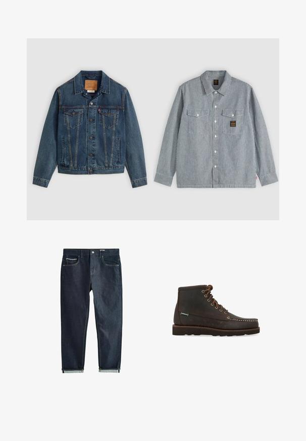 Donkerblauwe denimjas met een klassieke snit, knoopsluiting, twee borstzakken en opvallende stiksels langs de naden.; Overhemd met lange mouwen en knopen met dunne verticale zwarte en witte strepen, twee voorzakken met kleppen en een kleine zwarte patch op de rechterzak.; Donkere denim jeans met een rechte pijp, voorzien van een knoopsluiting, twee voorzakken en opgerolde boorden. Soepele textuur, minimale stiksels.; Sebago Veterboots - marrone