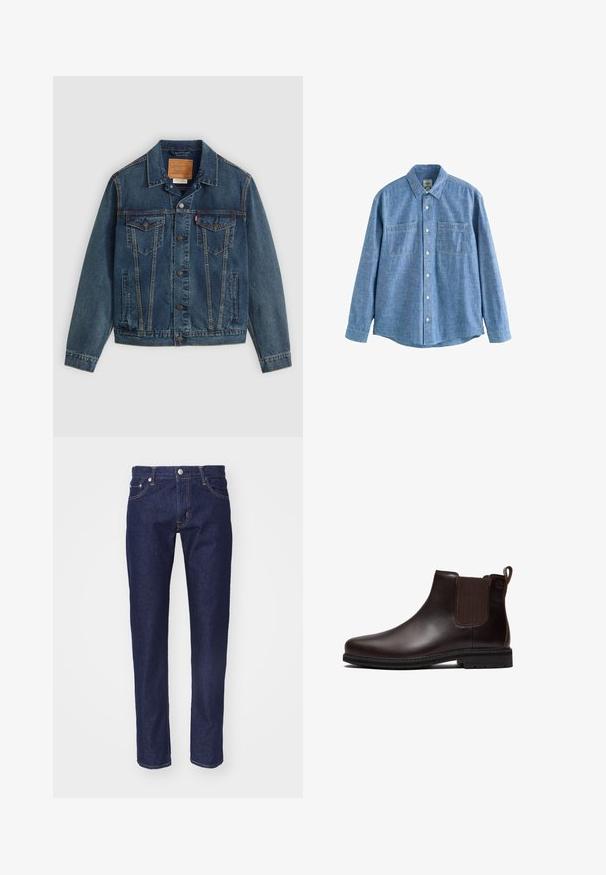 Veste en jean bleu foncé au style classique, fermeture à boutons, deux poches poitrine et couture distinctive le long des coutures.; Chemise chambray bleue à manches longues avec boutons sur le devant et deux poches poitrine, étalée à plat sur fond blanc.; Jean en denim bleu marine avec une coupe droite, une conception à cinq poches, des coutures orange contrastées et une fermeture à bouton en métal argenté à la taille.; Bottine Chelsea en cuir marron foncé avec panneau latéral élastique, languette au talon et semelle en caoutchouc noire, vue de profil.
