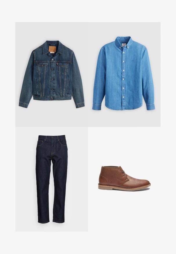 Veste en jean bleu foncé au style classique, fermeture à boutons, deux poches poitrine et couture distinctive le long des coutures.; Chemise en denim bleu clair à manches longues, col boutonné et boutons blancs. Dispose d'un petit logo brodé sur la poitrine.; Jeans en denim bleu foncé avec une coupe droite, cinq poches et des coutures jaunes contrastées. Conçus avec une fermeture classique à bouton et à glissière.; Bottines en cuir marron avec un design élégant, dotées d'un lacet simple, d'un bout arrondi et d'une semelle en caoutchouc. Texture lisse avec des accents cousus.