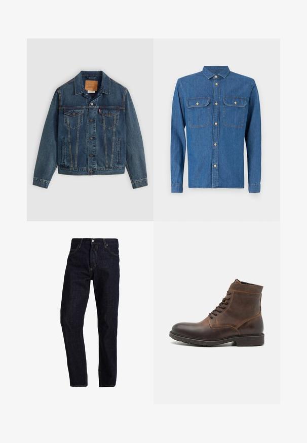 Dunkelblaues Denim-Jacket im klassischen Schnitt, mit Knopfverschluss, zwei Brusttaschen und markanter Naht entlang der Nähte.; Dunkelblaue Jeanshemd mit langen Ärmeln und geknöpften Manschetten, spitzem Kragen, zwei Brusttaschen und vorderem Knopfverschluss mit goldenen Beschlägen.; Dunkelblaue Jeans aus Denim mit geradem Schnitt, ausgestattet mit gelben Nähten, fünf Taschen und einem klassischen Knopf- und Reißverschluss.; Jack & Jones JFWDELANEY BOOT - Schnürstiefelette - cognac