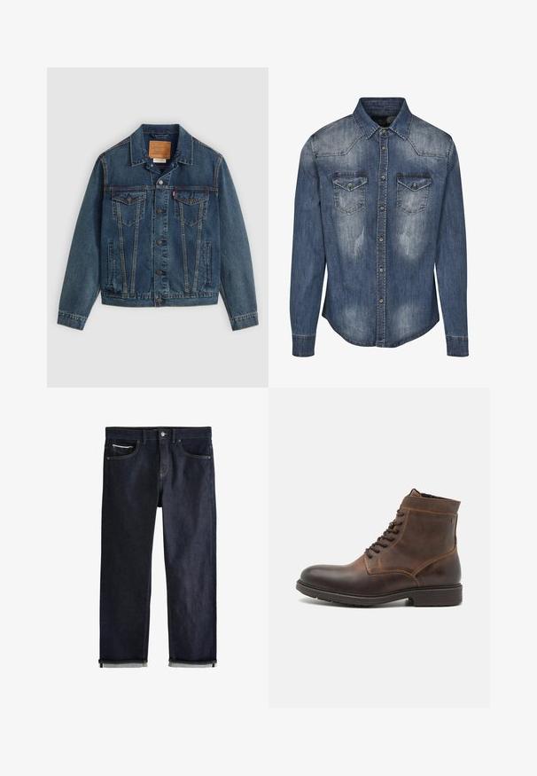 Dunkelblaues Denim-Jacket im klassischen Schnitt, mit Knopfverschluss, zwei Brusttaschen und markanter Naht entlang der Nähte.; Dunkelblaue Jeanshemd mit klassischem Kragen, langen Ärmeln, zwei Brusttaschen, verblasster Textur und knöpfbarem Vorderteil.; Dunkelblaue Jeans aus Denim mit klassischem geradem Schnitt, fünf Taschen, Knopfverschluss und umgeschlagenen Bündchen, die eine hellblaue Innenseite zeigen.; Jack & Jones JFWDELANEY BOOT - Schnürstiefelette - cognac