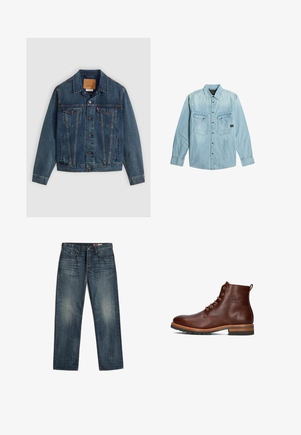Dunkelblaues Denim-Jacket im klassischen Schnitt, mit Knopfverschluss, zwei Brusttaschen und markanter Naht entlang der Nähte.; Hellblaues Denim-Hemd mit langen Ärmeln, Knopfverschluss, zwei vorderen Pattentaschen mit Knöpfen und klassischem Kragen.; Dunkelblaue Straight-Leg-Denimjeans mit Fronttaschen und Knopfverschluss, die dezente ausgebleichte Bereiche an Oberschenkeln und Knien aufweisen.; Braune Leder-Ankle-Boots mit runder Zehenpartie, Schnürdesign, kontrastierendem Absatz und Laufsohle sowie geprägtem Logo an der Seite.
