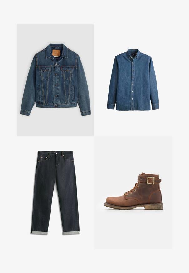 Dunkelblaues Denim-Jacket im klassischen Schnitt, mit Knopfverschluss, zwei Brusttaschen und markanter Naht entlang der Nähte.; Denim-Hemd in Mittelblau, mit langen Ärmeln, spitzem Kragen, weißen Knöpfen und einer taillierten Passform sowie dezentem Logostick.; Dunkelblaue Denim-Jeans mit umgeschlagenen Bündchen, fünf Taschen und kontrastierender Naht, flach auf weißem Hintergrund liegend.; Harley Davidson VNTGMOTO SHORT RIDING APPROVED - Cowboy-/Bikerstiefelette - brown