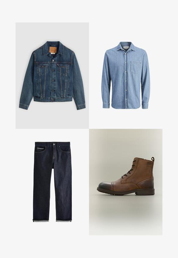 Dunkelblaues Denim-Jacket im klassischen Schnitt, mit Knopfverschluss, zwei Brusttaschen und markanter Naht entlang der Nähte.; Helles blaues Denimhemd mit Button-Down-Kragen, langen Ärmeln, einer einzelnen Brusttasche und gesticktem Logo auf der Tasche.; Dunkelblaue Jeans aus Denim mit klassischem geradem Schnitt, fünf Taschen, Knopfverschluss und umgeschlagenen Bündchen, die eine hellblaue Innenseite zeigen.; Brauner Leder-Schnürstiefel bis zum Knöchel mit schwarzer Zehenkappe, runder Sohle und Markenlabel an der Seite vor schlichtem Hintergrund.