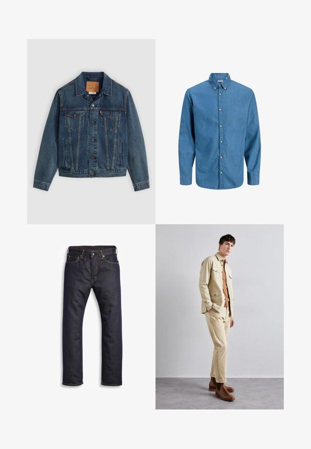 Jeanjakke i mørkeblå med klassisk snit, knaplukning, to brystlommer og karakteristisk syning langs sømmene.; Blå skjorte med knapper, lavet af denim, med krave og lange ærmer. Ensartet tekstur med synlige knapper ned ad fronten.; Mørkeblå denimjeans med lige snit, fem-lomme design, metalbeslag og kontrasterende orange syninger. Glat tekstur, ingen synlige mønstre.; Beige bomuldsjakke med to brystlommer over en brun skjorte og matchende beige bukser. Brune læder ankelstøvler fuldender outfittet.