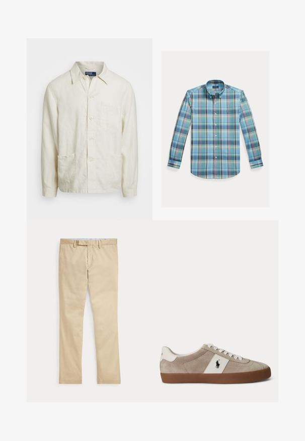 Camisa abotonada de lino beige claro con cuello puntiagudo, bolsillo frontal y dos bolsillos inferiores; tela texturada con un corte relajado.; Camisa abotonada con patrón de cuadros en azul y verde, con mangas largas, cuello y un pequeño logo en el pecho. Tejido de mezcla de algodón.; Pantalones beige de corte recto con trabillas para cinturón y cremallera frontal, colocados planos sobre un fondo blanco.; Zapatilla beige de ante con corte bajo, cordones blancos, detalle de piel blanca con logo de caballo negro y suela de goma marrón.