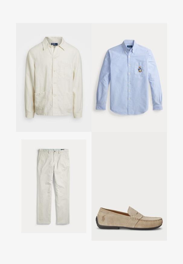 Lys beige linned knap-up skjorte med spids krave, forbudt lomme og to nederste lommer; struktureret stof med en afslappet pasform.; Lyseblå skjorte med lange ærmer og knapper samt brystlomme med en broderet bjørn iført jakke og bukser.; Lysebeige bukser med lige ben, forlommer, bæltestropper og knaplukning, vist fladt mod en hvid baggrund.; Beige ruskindsloafers med syninger, flad gummisål og et lille logo på siden. Klassisk slip-on design, blød tekstur.