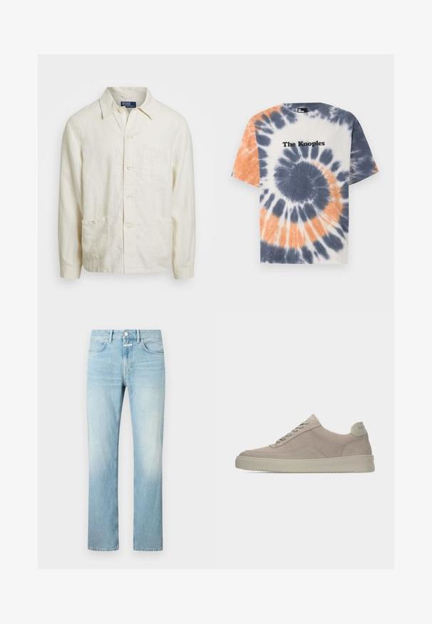 Lys beige linned knap-up skjorte med spids krave, forbudt lomme og to nederste lommer; struktureret stof med en afslappet pasform.; Bomulds T-shirt med et blå, orange og hvidt tie-dye mønster, rund hals og "The Kooples" logo i sort på tværs af brystet.; Lysblå denimjeans med lige ben, der har et klassisk femlomme-design og en knappelukning.; Beige ruskindssneakers med en tekstureret finish, rund tå og tonale snørebånd. Har en tyk gummisål og diskret branding på hælen.