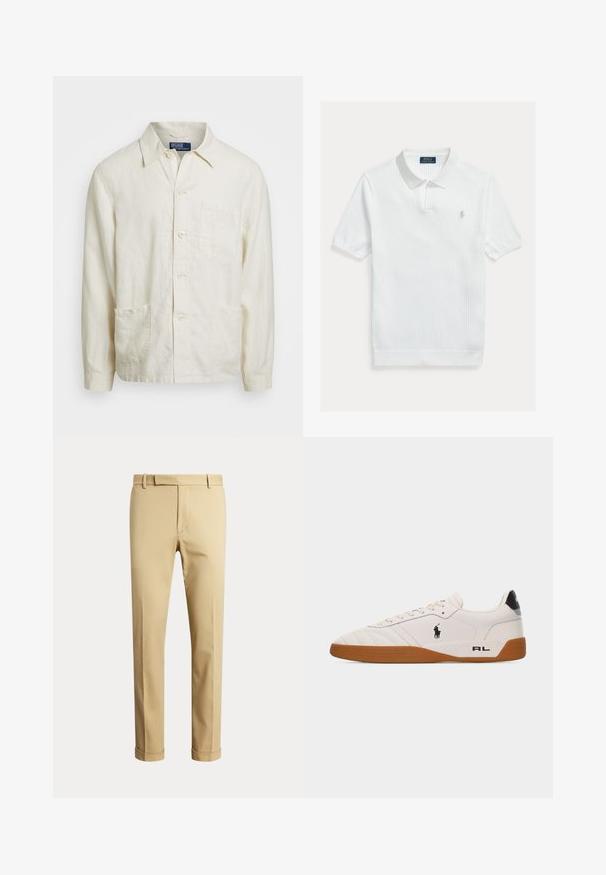 Lys beige linned knap-up skjorte med spids krave, forbudt lomme og to nederste lommer; struktureret stof med en afslappet pasform.; Hvid ribstrikket polo med klassisk krave, korte ærmer og et broderet logo på venstre bryst. Blød tekstur og enkelt design.; Herre beige skræddersyede bukser med bæltestropper og opbuk ved benene, vist mod en ensartet lys baggrund.; Hvid lav sneakers med brun gummisål, sort Polo Ralph Lauren-logo på siden og "RL" tekst på hælområdet.