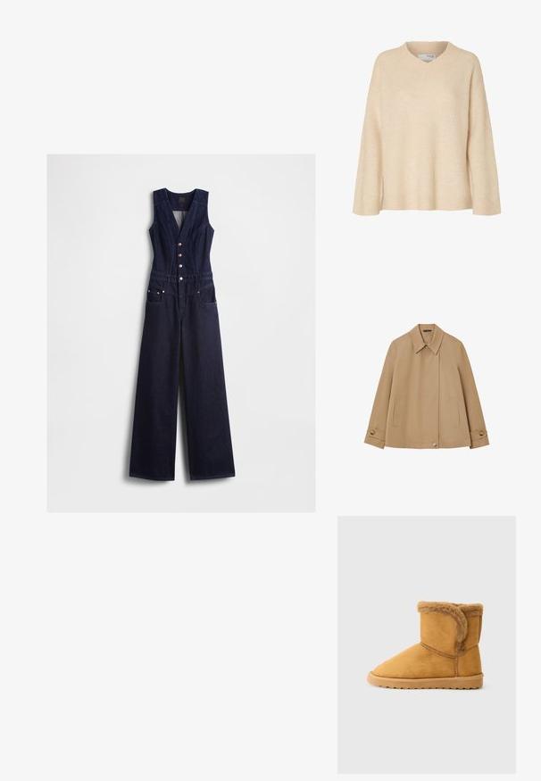 Beige Baumwolljacke mit kragenartigem Ausschnitt, Vorderknopfverschluss, zwei seitlichen Taschen und Knopfakzenten an den Ärmeln.; Denim-Overall in Dunkelblau mit V-Ausschnitt, ärmellosem Design, fünf vorderen Knöpfen und weitem Bein. Verfügt über zwei Seitentaschen.; Beiger Pullover mit langen Ärmeln und V-Ausschnitt sowie geripptem Kragen, aus weichem Strickstoff, für Frauen entworfen.; Braune Wildleder-Ankle-Boots mit weichem, umgeschlagenem Lammfellfutter und einer geriffelten Gummisohle.