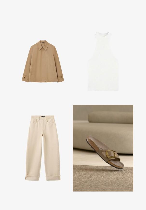 Beige Baumwolljacke mit kragenartigem Ausschnitt, Vorderknopfverschluss, zwei seitlichen Taschen und Knopfakzenten an den Ärmeln.; Weißes ärmelloses Stricktop mit hohem Kragen und breiten Armausschnitten, mit enger gerippter Struktur.; Beige Jeans mit hoher Taille und weitem Bein, vorderen Taschen, Gürtelschlaufen, Knopfverschluss und aufgerollten Bündchen.; Beigefarbene Sandale mit offenem Zehenbereich, texturiertem Riemen, großer goldener Schnalle, Kork-Fußbett und schwarzer Sohle, die über einer strukturierten Oberfläche schwebt.