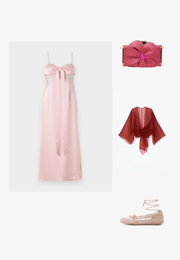 Gennemsigtig burgundy kimono-style slå-om med brede ærmer, åben front og bundet talje. Letvægtsstof med en blød, flydende tekstur.; Pink satin kjole med smalle stropper, sløjfe-detalje ved brystet og gennemskårne sider. Gulvlængde med en glat tekstur.; Lyserøde ballerina flats i læder med rundet tå, snørelukning ved anklerne og en glat tekstur. Letvægtsdesign med minimale syninger.; faina Clutches - rose