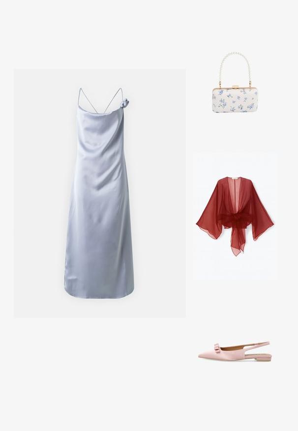 Kimono transparente de color burdeos con mangas anchas, parte frontal abierta y cintura atada. Tela ligera con una textura suave y fluida.; Vestido de satén azul claro con tirantes finos, escote en V y un detalle floral decorativo en el hombro. Textura suave y forma ajustada.; Zapato plano de punta en color rosa claro, con talón descubierto, tacón pequeño y doble lazo decorativo en la punta.; Clutch rectangular blanca con patrón floral azul y asa con cuentas de perlas, herrajes en tono dorado y cierre con broche.