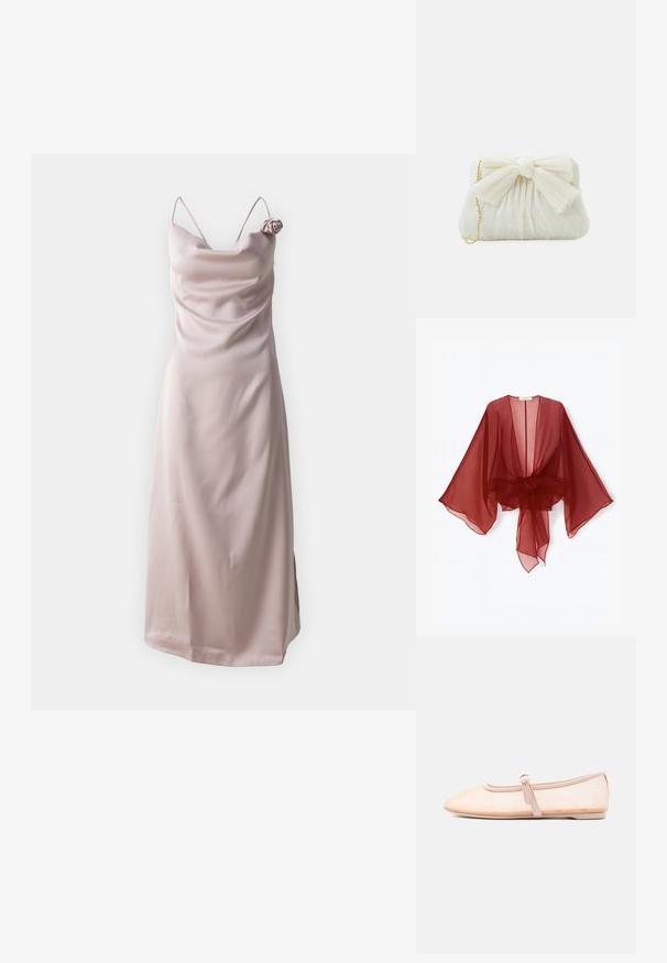 Kimono transparente de color burdeos con mangas anchas, parte frontal abierta y cintura atada. Tela ligera con una textura suave y fluida.; Vestido de satén en color rosa pálido con tirantes finos y un escote drapeado, que presenta un adorno de rosa en el hombro izquierdo.; Zapato plano beige claro con punta puntiaguda y una sola correa con hebilla lateral, mostrado sobre un fondo blanco liso.; Bolso de mano plisado blanco con un destacado detalle de lazo y una correa de cadena dorada. Textura suave con un diseño fruncido en la parte frontal.