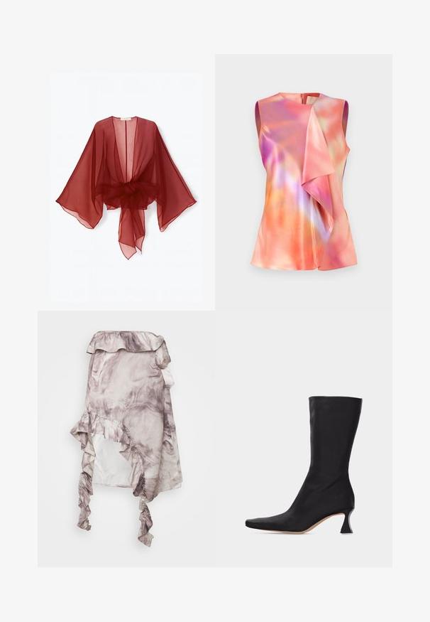 Gennemsigtig burgundy kimono-style slå-om med brede ærmer, åben front og bundet talje. Letvægtsstof med en blød, flydende tekstur.; Ærmeløs top i satinmateriale, der præsenterer et farverigt abstrakt mønster med nuancer af pink, orange og violet, samt en draperet frontdesign.; ROKH MIDI SKIRT RUFFLES - A-snit nederdel - purple; Sort læderstøvle, der går til midt på læggen, med spids tå og buet lav hæl, mod en ensartet lys baggrund.