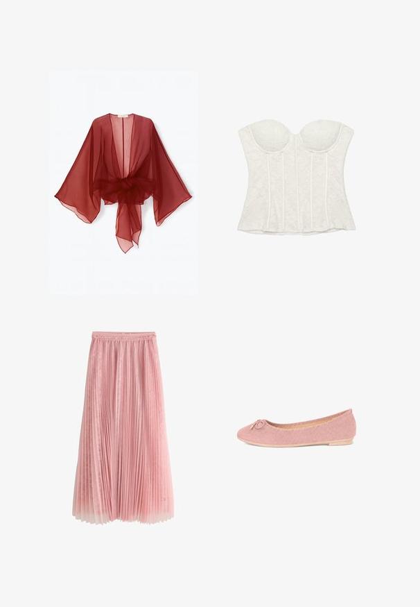 Gennemsigtig burgundy kimono-style slå-om med brede ærmer, åben front og bundet talje. Letvægtsstof med en blød, flydende tekstur.; Hvid stropløs blondebustier med formstøbte skåle og vertikale bærestiver.; Rosa plisseret midi-nederdel med et lag af blonder under og en rynket talje, vist på en hvid baggrund.; Lyserød ruskind balletflad med rund tå, dekorativ sløjfe med guldspidser og flad sål egnet til afslappet brug.