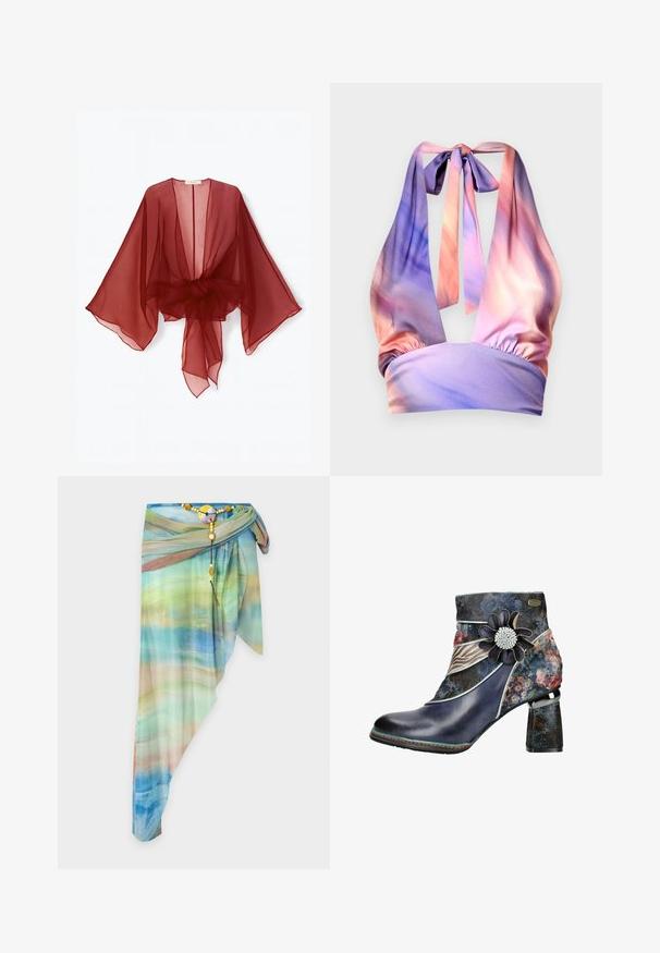 Gennemsigtig burgundy kimono-style slå-om med brede ærmer, åben front og bundet talje. Letvægtsstof med en blød, flydende tekstur.; Halterneck top i blødt stof med nuancer af pastelpink og lilla, med sammensamlet elastisk bånd og stropper bagpå.; Asymmetrisk gennemsigtig omslagsnederdel med blå, grøn og beige gradientmønster, fastgjort med et dekorativt perlebælte og rundt spænde.; Ankelstøvle med en blank, mørkeblå lædertå og en blomsterpræget tekstiloverdel, der har en dekorativ blomst og en struktureret blokhæl.