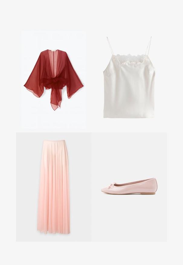 Kimono transparente de color burdeos con mangas anchas, parte frontal abierta y cintura atada. Tela ligera con una textura suave y fluida.; Camisola de satén blanca con tirantes finos y encaje floral a lo largo del escote cuadrado.; Falda larga plisada de gasa rosa pálido con cintura elástica, exhibida sobre un fondo blanco liso.; Zapato plano tipo ballet de charol rosa con punta puntiaguda y detalle de lazo decorativo en la parte frontal. Cuenta con suela plana y diseño sin costuras.