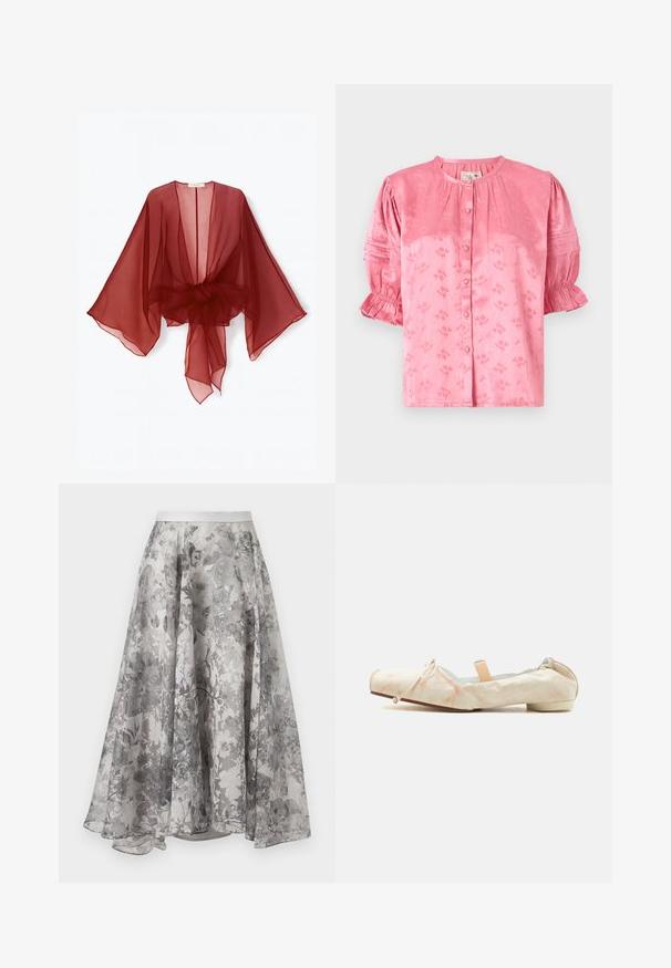 Kimono transparent bordeaux avec manches larges, devant ouvert et taille ceinturée. Tissu léger avec une texture douce et fluide.; Blouse rose à motifs floraux avec encolure ronde, manches courtes bouffantes et fermeture à boutons. Fabriquée en tissu texturé avec un subtil éclat.; Jupe fluide mi-longue avec un motif floral gris discret et une ceinture blanche sur fond blanc.; Ballerine en tissu doux beige avec un petit talon, un dos élastique, un détail de nœud sur l'orteil et une sangle élastique pêche traversant le cou-de-pied.