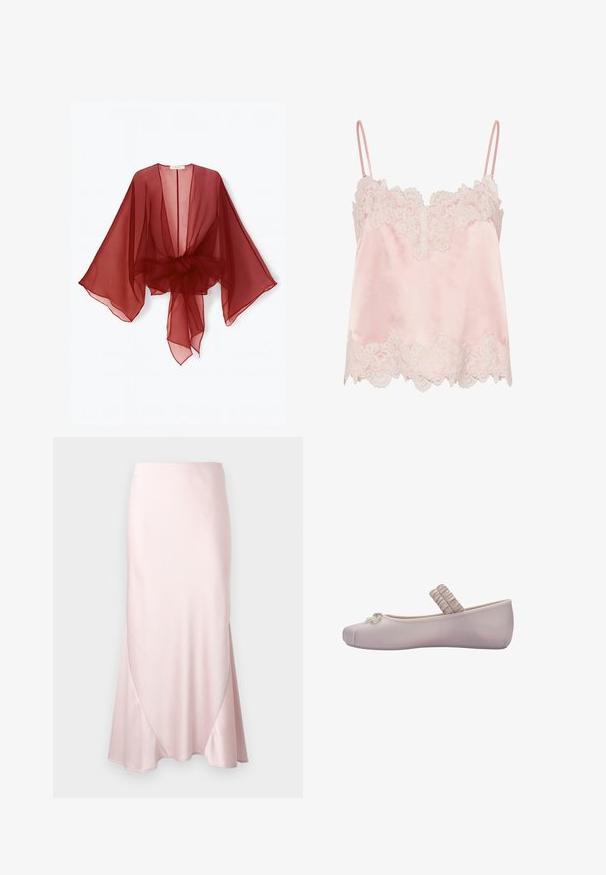 Kimono transparente de color burdeos con mangas anchas, parte frontal abierta y cintura atada. Tela ligera con una textura suave y fluida.; Camisola de satén rosa claro con ribete de encaje blanco a lo largo del escote y el dobladillo, con tirantes finos y ajustables.; Falda midi de satén color rosa claro con una silueta en línea A y sutiles detalles de costuras diagonales sobre un fondo liso.; Bailarina plana rosa claro con puntera redondeada, pequeño lazo en la parte delantera y tirante elástico fruncido sobre el empeine.