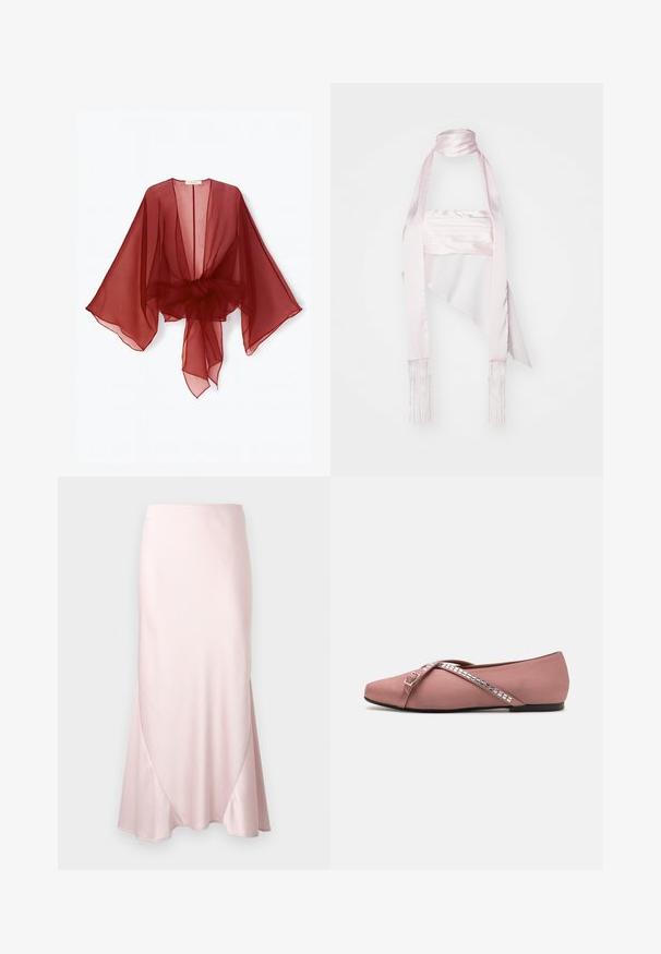 Läbipaistev burgundi punane kimono-stiilis rüü, laiade varrukatega, avatud esiotsa ja vööga seotud vöökohaga. Kerge kangas pehme ja lennleva tekstuuriga.; Roosa satiinist sall pika disainiga, millel on frillidega servad ja kitsas seotud osa. Sile tekstuur ja voolav vorm rõhutavad selle elegantsi.; Hele roosa satiinist midi seelik A-lõikega ja peente diagonaalõmblustega ühtlasel taustal.; Pehmed roosad satiinist ballerina kingad rist-lukkudega, kaunistatud ruudukujuliste hõbedaste detailidega ja ümarate varvastega. Madal must tald.