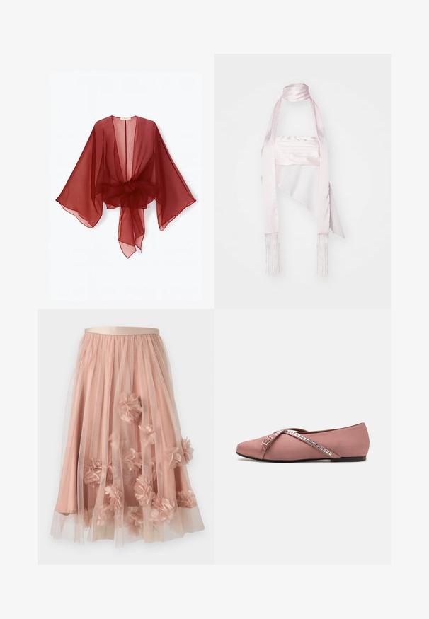 Priehľadný bordový kimono štýl zavinovací kabátik so širokými rukávmi, otvoreným predným dielom a viazaním v páse. Ľahká tkanina s jemnou, prúdiacou textúrou.; Ružový saténový šál s dlhým dizajnom, ktorý má strapcové okraje a úzky viazací prvok. Hladká textúra a splývavý tvar zvýrazňujú jeho eleganciu.; Tylová sukňa v jemnej ružovej farbe s pásom zo saténu. Má vrstvenú priesvitnú tkaninu a trojrozmerné kvetinové aplikácie po celej ploche.; Baleríny v jemnej ružovej saténovej látke s prekříženým páskovým dizajnom ozdobeným štvorcovými striebornými akcentmi a zaoblenou špičkou. Nízka čierna podrážka.