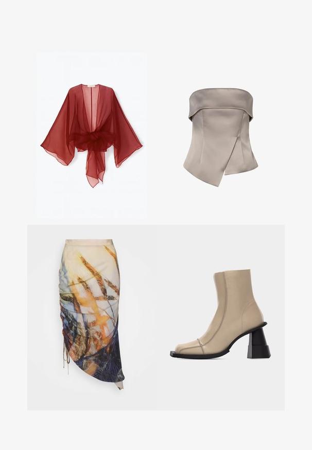 Gennemsigtig burgundy kimono-style slå-om med brede ærmer, åben front og bundet talje. Letvægtsstof med en blød, flydende tekstur.; Stropfri taupe satinbluse med foldet halsudskæring og asymmetrisk lagdelt panel, der går ned under taljen.; Materiel DIAGONAL GATHERED SKIRT - Pencil skirt - golden hour; Beige læder ankelstøvle med firkantet tå, synlige sømme og chunky sort skulptureret blokhæl på hvid baggrund.