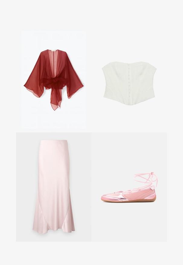 Gennemsigtig burgundy kimono-style slå-om med brede ærmer, åben front og bundet talje. Letvægtsstof med en blød, flydende tekstur.; Hvid stropløs korset med frontlukning med hægte- og øjenlukning og strukturerede sømme til formgivning.; Lyserød satin midi-nederdel med A-formet silhuet og fine diagonale sømdetaljer på en ensfarvet baggrund.; Lyserøde ballerinaer med metalliske detaljer, glat tekstur og snøredesign. Har en slank, fleksibel sål og branding på siden.
