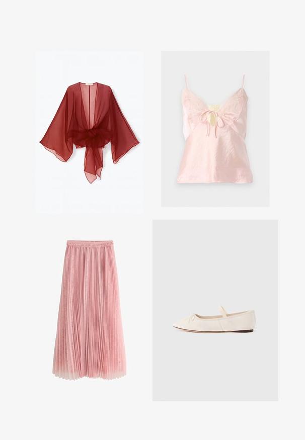 Kimono transparent bordeaux avec manches larges, devant ouvert et taille ceinturée. Tissu léger avec une texture douce et fluide.; Caraco en satin rose clair avec bordure en dentelle, fines bretelles, encolure goutte d'eau et détail noué devant.; Jupe midi plissée rose avec une sous-couche en dentelle et une ceinture froncée, présentée sur un fond blanc.; Ballerines en daim beige clair, bout pointu et fine bride élastique sur le dessus. Semelle plate avec un léger accent en caoutchouc.