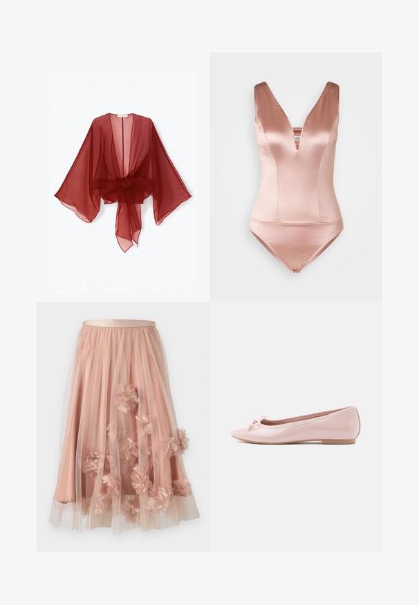 Gennemsigtig burgundy kimono-style slå-om med brede ærmer, åben front og bundet talje. Letvægtsstof med en blød, flydende tekstur.; Lyserød satin svømmedragt med en dyb V-hals og brede skulderstropper. Har en tætsiddende bodice og kort bunden cut. Glat tekstur.; Tylskørt i blød lyserød med satinbånd i taljen. Har lag af gennemsigtigt stof og tredimensionelle blomsterapplikationer over det hele.; Rosa lakballetsko med spids tå og en dekorativ sløjfe foran. Har en flad sål og sømløst design.