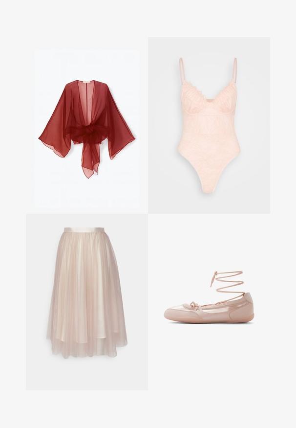 Gennemsigtig burgundy kimono-style slå-om med brede ærmer, åben front og bundet talje. Letvægtsstof med en blød, flydende tekstur.; IN THE STYLE LINGERIE BODYSUIT - Top - rosé; Ida Sjöstedt FLAWLESS SKIRT - A-snit nederdel - warm beige; Lyserøde ballerina flats i læder med rundet tå, snørelukning ved anklerne og en glat tekstur. Letvægtsdesign med minimale syninger.