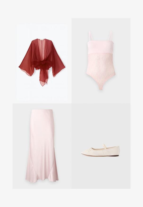 Kimono transparente de color burdeos con mangas anchas, parte frontal abierta y cintura atada. Tela ligera con una textura suave y fluida.; Body de encaje rosa claro con tirantes finos y una parte superior lisa sobre un fondo liso y claro.; Falda midi de satén color rosa claro con una silueta en línea A y sutiles detalles de costuras diagonales sobre un fondo liso.; Bailarinas de piel de ante beige claro, con puntera puntiaguda y una fina tira elástica sobre el empeine. Suela plana con un pequeño detalle de goma.