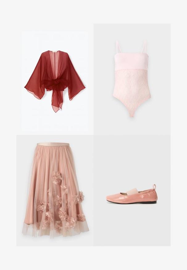 Gennemsigtig burgundy kimono-style slå-om med brede ærmer, åben front og bundet talje. Letvægtsstof med en blød, flydende tekstur.; Lyserød blondebody med spaghettistropper og en glat topsektion mod en ensfarvet lys baggrund.; Tylskørt i blød lyserød med satinbånd i taljen. Har lag af gennemsigtigt stof og tredimensionelle blomsterapplikationer over det hele.; Lyserøde syntetiske flade sko med en skinnende overflade, firkantet tå og et blødt elastikbånd hen over vristen. Sort gummisål og bageste trækflap.