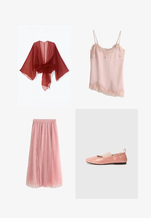 Kimono transparente de color burdeos con mangas anchas, parte frontal abierta y cintura atada. Tela ligera con una textura suave y fluida.; Camisola de satén rosa claro con borde de encaje floral en el escote, dobladillo y laterales, con finas tirantes ajustables.; Falda midi plisada rosa con una capa inferior de encaje y cinturilla fruncida, mostrada sobre un fondo blanco.; Bailarinas sintéticas rosas con un acabado brillante, punta cuadrada y una suave banda elástica en el empeine. Suela de goma negra y una lengüeta en la parte trasera.