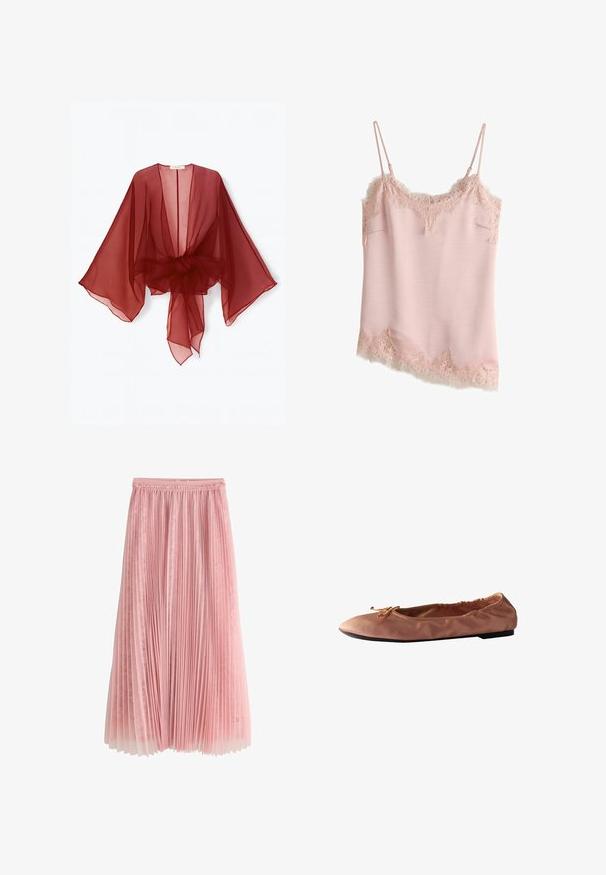 Kimono transparent de culoare burgundy, cu mâneci largi, partea din față deschisă și talie legată. Țesătură ușoară cu o textură moale și fluidă.; Maiou din satin roz deschis cu dantelă florală la decolteu, tiv și pe laterale, cu bretele subțiri reglabile.; Fustă midi plisată roz, cu un strat inferior din dantelă și o talie adunată, prezentată pe un fundal alb.; Balerină maro deschis cu o fundă mică în față, spate elastic și talpă subțire neagră, prezentată din lateral pe un fundal alb.