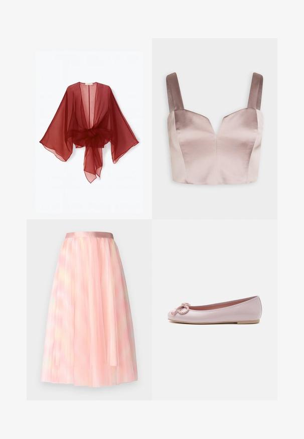 Kimono transparente de color burdeos con mangas anchas, parte frontal abierta y cintura atada. Tela ligera con una textura suave y fluida.; Swing Top - fading lilac; Ida Sjöstedt FLAWLESS SKIRT - Falda acampanada - pink; Bailarina plana de charol rosa claro con puntera redondeada, lazo de cordón trenzado en la parte delantera y suela baja beige sobre fondo blanco.