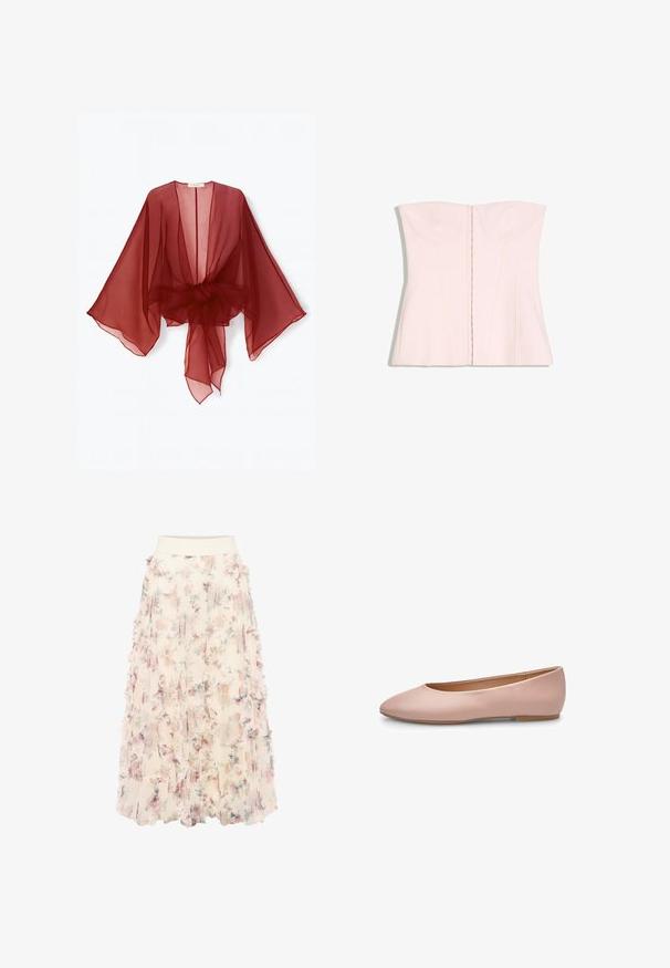 Gennemsigtig burgundy kimono-style slå-om med brede ærmer, åben front og bundet talje. Letvægtsstof med en blød, flydende tekstur.; Lys rosa stropløs korsettop med strukturerede skåle og vertikale sømme, vist fladt på en hvid baggrund.; zero MIT BLUMENPRINT - A-snit nederdel - cream pink; Lyserød ballerina i læder med spids tå, glat tekstur, få detaljer og en solid lys brun sål. Enkelt design uden pynt.
