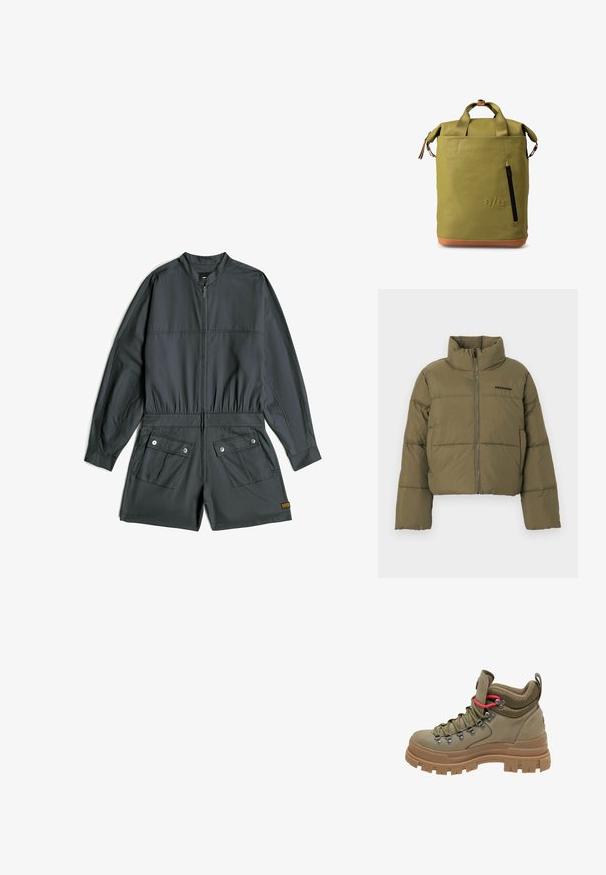 Olijfgroene gewatteerde jas met hoge kraag, ritssluiting aan de voorkant, zijzakken en "PEGADOR"-logo op de borst.; Donkergrijze korte jumpsuit met lange mouwen, rits aan de voorkant, elastische taille en twee klepzakken met knopen aan de voorkant van de shorts.; Hoge wandelboot in olijfgroen met dikke bruine rubberen zool, mesh gevoerde kraag, metalen veteroogjes en rode accent veterlus.; Groene waterdichte rugzak met een roll-top ontwerp, voorzien van een voorzak met rits, bruin leren accenten en stevige stoffen banden.