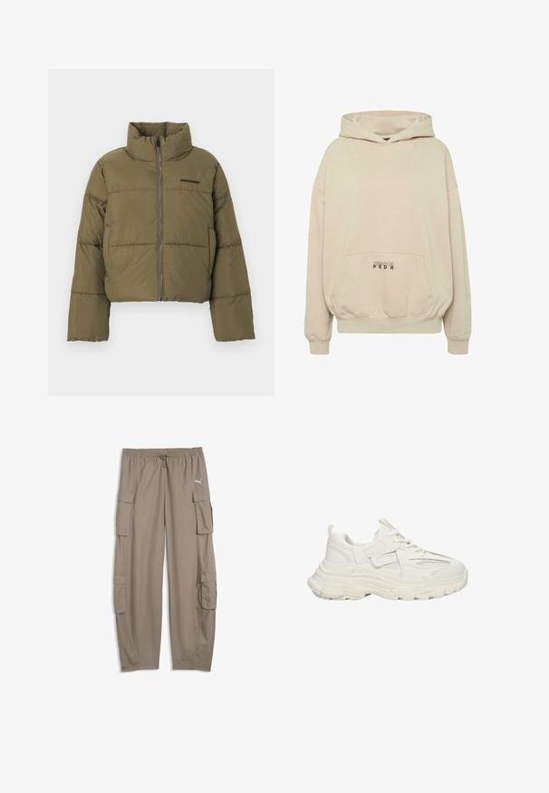 Olijfgroene gewatteerde jas met hoge kraag, ritssluiting aan de voorkant, zijzakken en "PEGADOR"-logo op de borst.; Beige hoodie met een voorzak, geribbelde boorden en een capuchon met trekkoord. "PECADOR PGDR" tekst gedrukt op het zakgebied.; Lichtbruine, losse cargobroek met trekkoord in de taille en klepzakken op elke pijp, met een klein wit Puma-logo aan de rechterkant.; Robuuste witte sneakers met een textuur bovenkant met mesh details, dikke rubberen zool, ronde neus en decoratieve accenten aan de zijkanten.