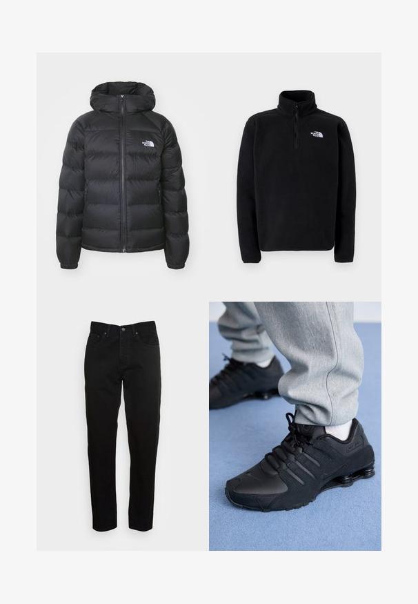Zwarte pufferjack met een capuchon, voorzien van een ritssluiting aan de voorkant, elastische manchetten en een logo op de linkerkant van de borst. Gequiltde textuur verbetert de isolatie.; The North Face SHISPARE ZIP - Fleece trui - black; Zwarte slim-fit jeans met een knoopsluiting aan de voorkant en een vijf-pocket ontwerp, weergegeven tegen een effen lichtgrijze achtergrond.; Persoon in zwarte Nike Shox sneakers en een grijze joggingbroek staand op een lichtblauw tapijt.
