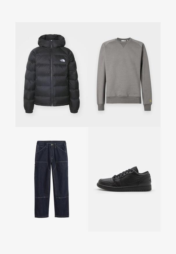 Sort dunjakke med hætte, med lynlåslukning fortil, elastiske håndled og et logo på venstre bryst. Den quiltede tekstur øger isoleringen.; Grå sweatshirt lavet af blødt stof. Har ribbede manchetter og kant, rund hals og et lille grønt logo på venstre ærme.; Mørkeblå denimbukser med dobbeltsyede sømme, knap foran, bæltestropper og flere forstærkede lappe-lommer på benene.; Sorte læder lavtop sneakers med perforeret tå, flade snørebånd, polstret krave og struktureret sål. Har et diskret logo på hælen.