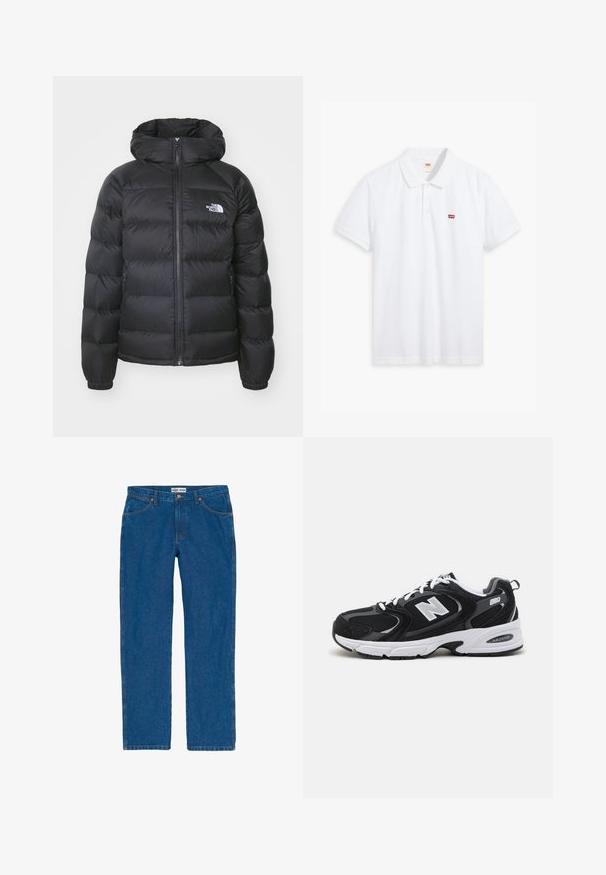 Sort dunjakke med hætte, med lynlåslukning fortil, elastiske håndled og et logo på venstre bryst. Den quiltede tekstur øger isoleringen.; Hvid polo t-shirt lavet af bomuld. Har en tre-knaps stolpe, korte ærmer og et lille rødt Levi's-logo på venstre bryst.; Blå denimjeans med et lige bensnit, der har orange syninger, forlommer og en klassisk fem-lomme stil.; Sorte og grå sportssko med mesh og ruskind på overdelen, der har en hvid mellemsål, snørebånd og et iøjnefaldende "N" logo på siden.