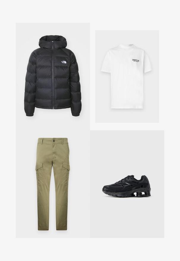 Sort dunjakke med hætte, med lynlåslukning fortil, elastiske håndled og et logo på venstre bryst. Den quiltede tekstur øger isoleringen.; Hvid t-shirt med korte ærmer med sort tekst "Carhartt WIP Authentic Adaptations New Classics" på venstre bryst.; Olivengrønne cargobukser med klaplommer på lårene, knap- og lynlåslukning samt straight-fit ben.; Sort atletiksko med mesh-overdel, polstret krave og markant støddæmpningsteknologi ved hælen. Har teksturerede detaljer og snørebånd.