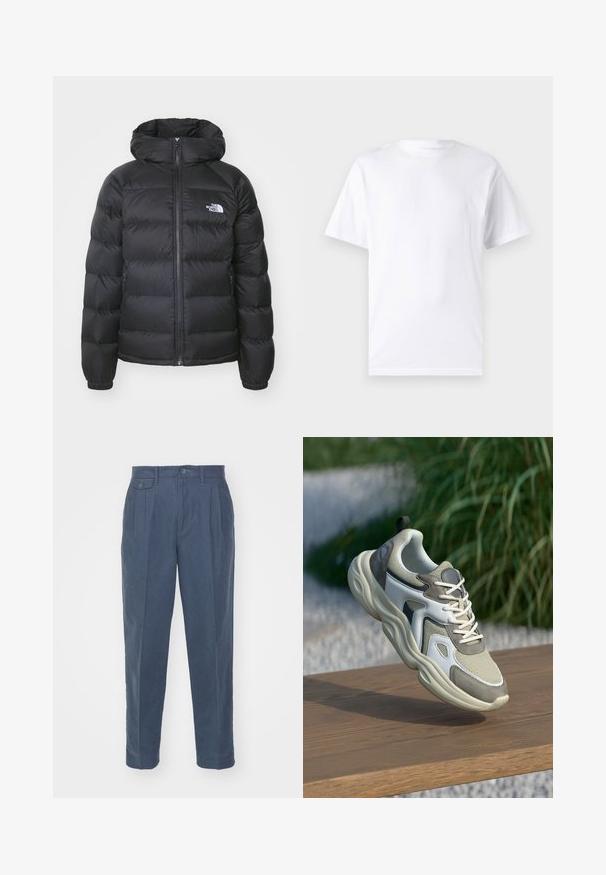 Sort dunjakke med hætte, med lynlåslukning fortil, elastiske håndled og et logo på venstre bryst. Den quiltede tekstur øger isoleringen.; Hvid kortærmet t-shirt lavet af bomuld med rund hals, der har en glat tekstur og et simpelt design uden mønstre eller accenter.; Only & Sons ONSPALE NEW LOOSE PANT - Bukser - dark slate; Grå og hvid sneaker med en mesh-overdel, polstret tunge, teksturerede accenter og en tyk gummisål, hævet over en træoverflade.