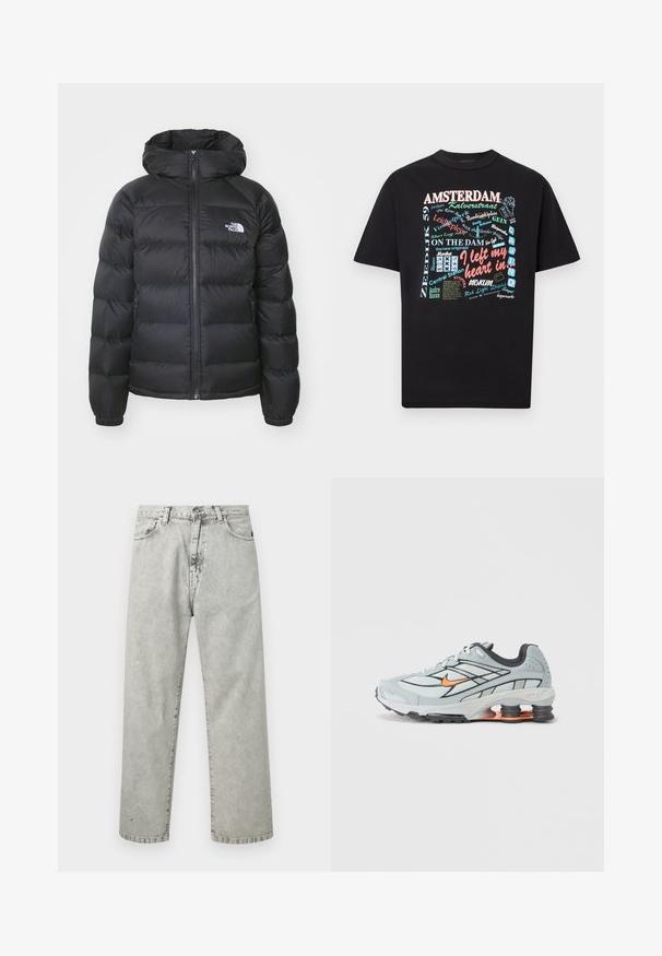 Schwarze Pufferjacke mit Kapuze, ausgestattet mit einem Reißverschluss vorne, elastischen Bündchen und einem Logo auf der linken Brust. Die gesteppte Textur verbessert die Isolierung.; Schwarzes T-Shirt mit kurzen Ärmeln, bedruckt mit buntem, Amsterdam-themenbezogenem Text und Grafiken, darunter "Ich habe mein Herz gelassen in" und verschiedene Straßen- und Ortsnamen.; Hellgraue, hoch taillierte Jeans mit geradem Bein, Fronttaschen, Gürtelschlaufen und einem Knopfverschluss, dargestellt vor einem weißen Hintergrund.; Hellgrauer Laufschuh mit schwarzen Akzenten, orangefarbenem Logo, Mesh-Obermaterial, gepolstertem Schaft und Gummisohle mit sichtbaren stoßdämpfenden Einheiten.