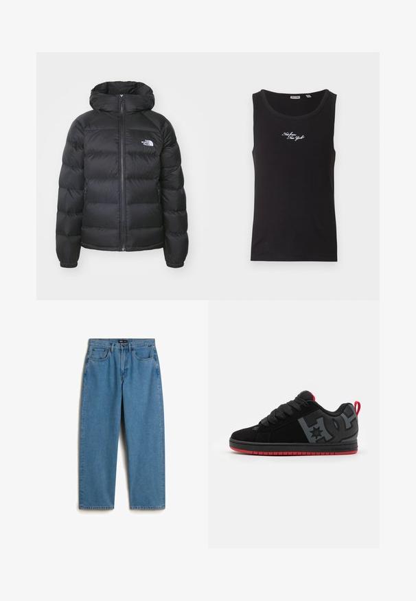 Sort dunjakke med hætte, med lynlåslukning fortil, elastiske håndled og et logo på venstre bryst. Den quiltede tekstur øger isoleringen.; Sort ærmeløs ribstrikket tanktop med hvid kursiv tekst "Not from New York" på brystet, rund halsudskæring og mærke inden i kraven.; Vans CHECK-5 - Baggy jeans - medium blue; Sort sneakers med grå detaljer, røde accenter, rund tå, flad sål og struktureret stof. Har snørebånd og en lille hælflap.
