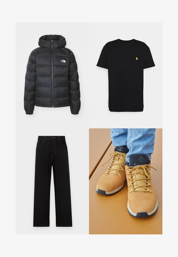 Doudoune noire avec capuche, dotée d'une fermeture éclair à l'avant, de poignets élastiques et d'un logo sur la poitrine gauche. La texture matelassée améliore l'isolation.; T-shirt en coton noir à manches courtes, col rond, avec un petit logo jaune sur la partie gauche de la poitrine. Design simple et coupe régulière.; Pantalons en denim noir à coupe droite, dotés de poches avant, de surpiqûres jaunes contrastantes et d'une fermeture à bouton à la taille.; Bottes de randonnée beiges avec une tige en suede, accents métalliques dorés et un col rembourré noir. Elles sont dotées de lacets texturés et d'une semelle contrastante.
