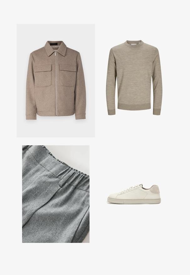 Bruine wollen jas met een klassieke kraag, een rits aan de voorkant en twee borstzakken. Beschikt over een gestructureerde stof en een getailleerd silhouet.; Beige lange mouw trui met ronde hals, geribbelde manchetten en zoom, weergegeven op een witte achtergrond.; Grijze sweatshirtstof met een zachte textuur, voorzien van een elastische tailleband en subtiele stikdetails. Close-up van het materiaal.; Witte leren lage sneaker met witte veters, licht gestructureerde zool en lichtgrijze suède hielpatch, zijaanzicht.