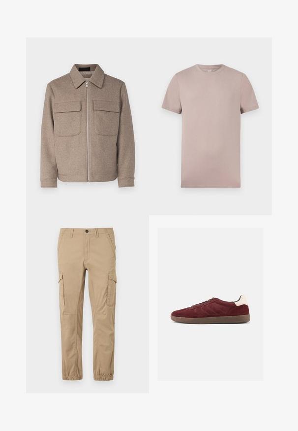 Bruine wollen jas met een klassieke kraag, een rits aan de voorkant en twee borstzakken. Beschikt over een gestructureerde stof en een getailleerd silhouet.; Lichtbeige T-shirt met korte mouwen en ronde hals, met een zachte textuur en zichtbare stiksels op de mouwen en de zoom.; Beige cargobroek met elastische boorden, klepzakken op de dijen, zijzakken en een knoopsluiting in de taille.; Bordeauxrode suède sneaker met veterband aan de voorkant, gestructureerde zijdetails en een lichtgekleurde hielaccent. Rubberzool met een gladde afwerking.