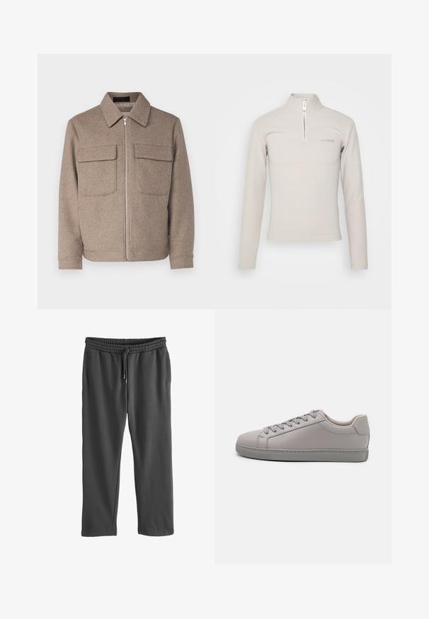 Bruine wollen jas met een klassieke kraag, een rits aan de voorkant en twee borstzakken. Beschikt over een gestructureerde stof en een getailleerd silhouet.; Han Kjøbenhavn LOGO HALF ZIP SHARP LONG SLEEVE - Longsleeve - grey; Grijze sweatpants met een elastische tailleband en verstelbaar trekkoord. Gemaakt van zacht materiaal, met zijzakken en een ontspannen fit.; Grijze leren sneaker met een gladde afwerking, platte veters, ronde neus en een contrasterende grijze rubberen zool. Minimalistisch ontwerp en textuur.